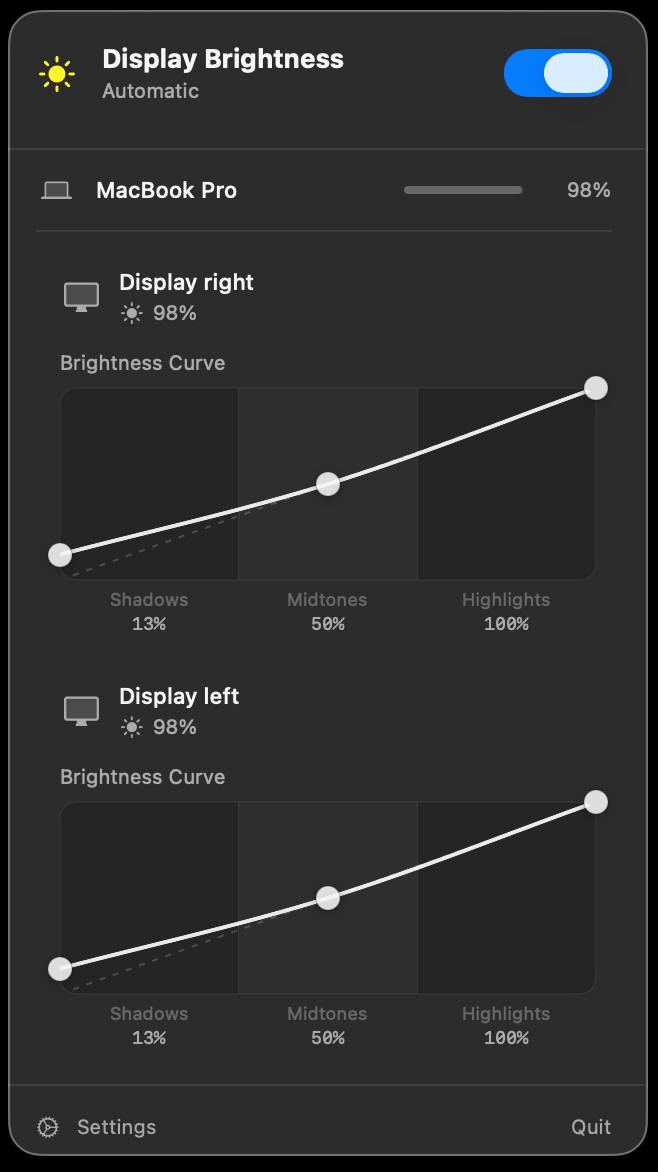 Lumino app — automatic display brightness curve editor for external monitors on Mac